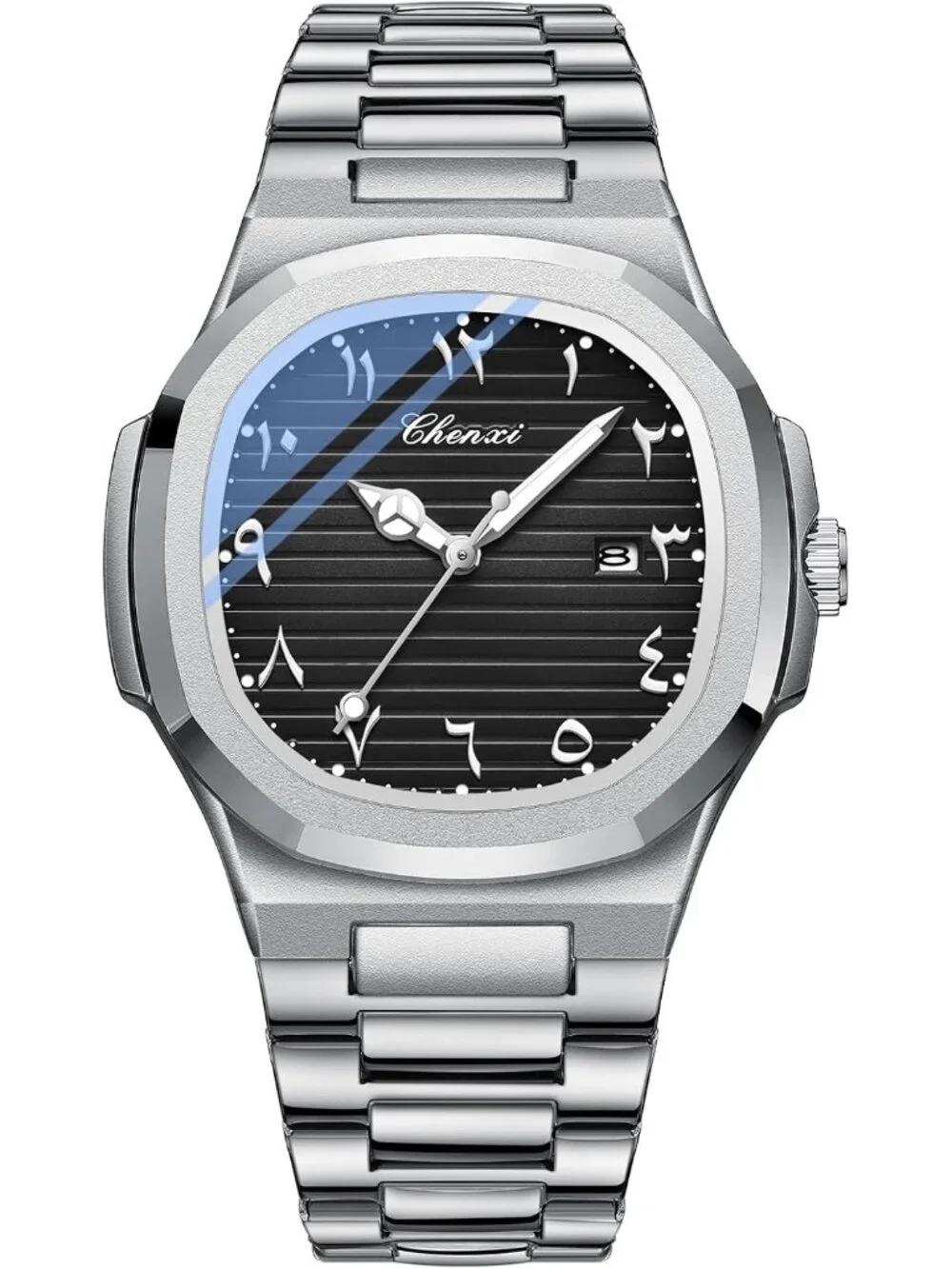 Men's Silver Black Stainless Steel Strap Quartz Movement Waterproof Wrist Watch